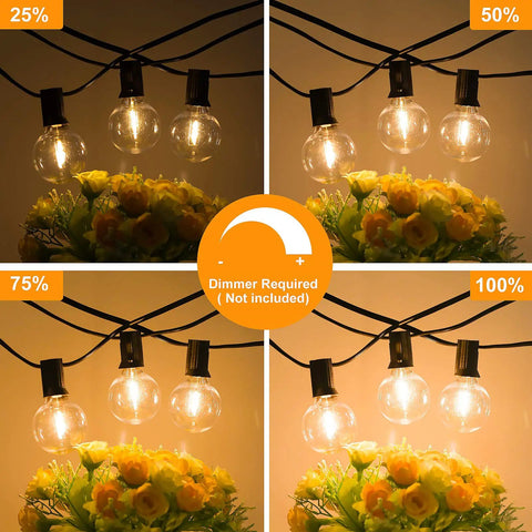 100 Foot Outdoor G40 LED Globe String Lights Two Pack dimming example with 52 Bulbs for Patio and Garden Use.