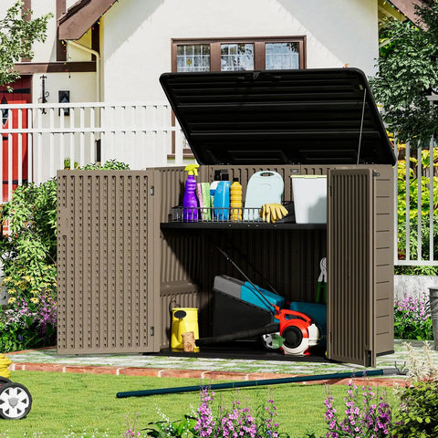 Spacious Outdoor Storage Shed Resin Cabinet With 48 Cu Ft Capacity for patio accessories and garden tools in backyard setting