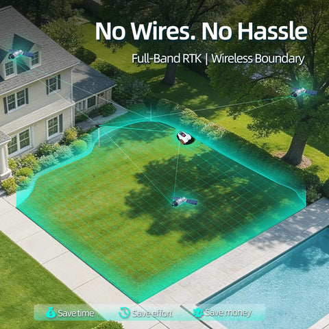 Lawn mapped by DW3000 Wireless Robotic Lawn Mower With GPS RTK AI Vision Navigation, 2 cm positioning, no wires needed