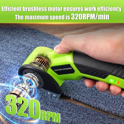 Professional Grade 3.6V Cordless Electric Scissors And Cardboard Cutter With High Speed Motor and Safety Lock cutting carpet at 320RPM.