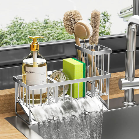 Kitchen Sink Caddy With Automatic Drainage, 304 Stainless Steel Rustproof Sponge Holder, High Brush Holder And Divider in use
