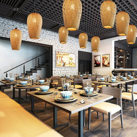 Dining area with multiple Hand Woven Bamboo Rattan Pendant Lights With Natural Finish, Double Layer Dome Shade For A Cozy Boho Vibe
