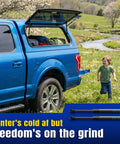 Tough As Nails 100 Lb Pair 12 Inch Gas Struts Smooth Lift Support in use with truck cap, providing easy access for camping gear.