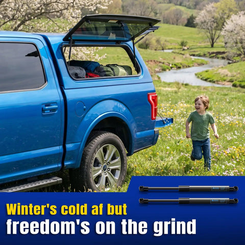 Tough As Nails 100 Lb Pair 12 Inch Gas Struts Smooth Lift Support in use with truck cap, providing easy access for camping gear.