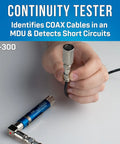 Hand using continuity tester from Pro Grade Coax Tool Kit 8 Piece Set With Stripper And Universal Compression Tool For RG59 RG6 RG7