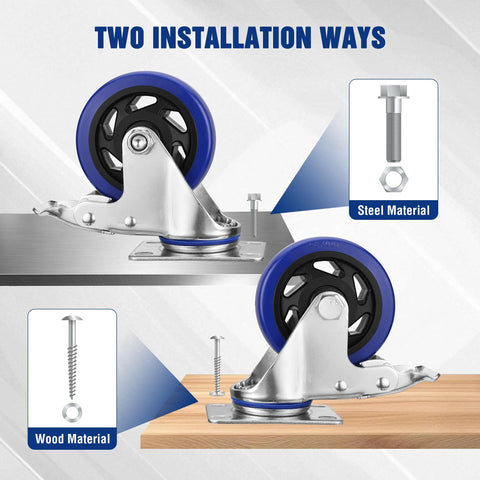 WORKPRO 4-inch swivel caster wheels, blue polyurethane wheels on steel frame, set of 4 with brakes