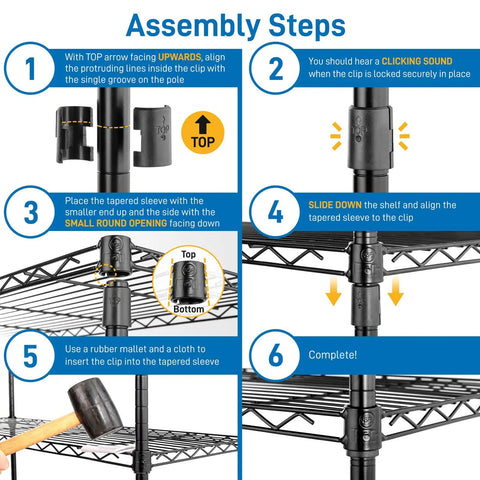 4 Tier Storage Racks Shelving System With Adjustable Wire Shelves, Heavy Steel Construction Built For Garage, Kitchen, Bathroom Or Office, Maximizes Space, Black Finish, Durable Steel Frame, Easy Assembly, Dimensions 20 W X 12 D X 32 H assembly steps for black wire shelf clips