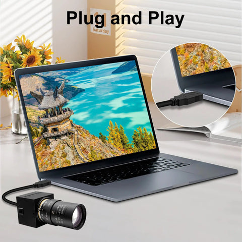 5-50mm Varifocal Lens Webcam With Full HD 1080P, 120fps High Speed USB Camera connected to laptop, showcased in sleek aluminum case.