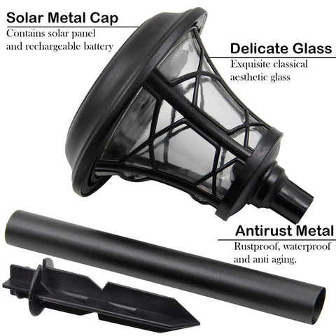 Detailed view of 6 Pack Solar Powered Pathway Lights with 25 Lumen SMD LED, stainless steel and glass, showing solar cap and components