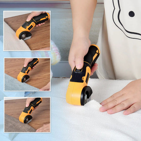 Jomeda Cordless Electric Scissors With Rechargeable Led Light And Safety Lock 4V Rotary Cutter For Fabric Cardboard Leather Carpet Pvc Boxes High Speed 400Rpm Cutting Tools Yellow in use on various materials.