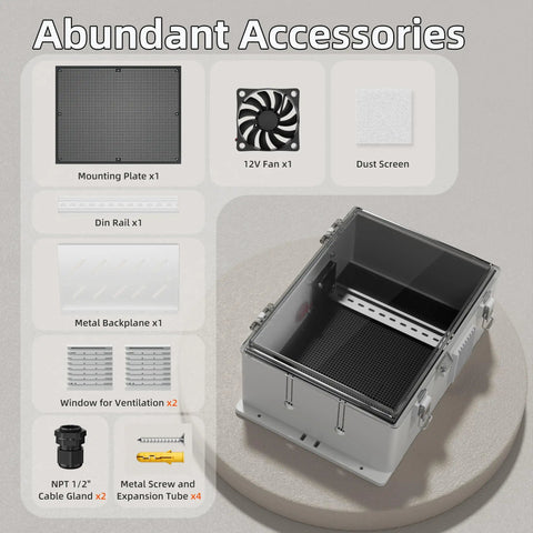 Outdoor Vented Electrical Enclosure Box 16x11x6 With Waterproof Seal, Rugged Stainless Steel Latches, Dust Screen, 12V Fan, Plastic WiFi Box For Outdoor Use accessories