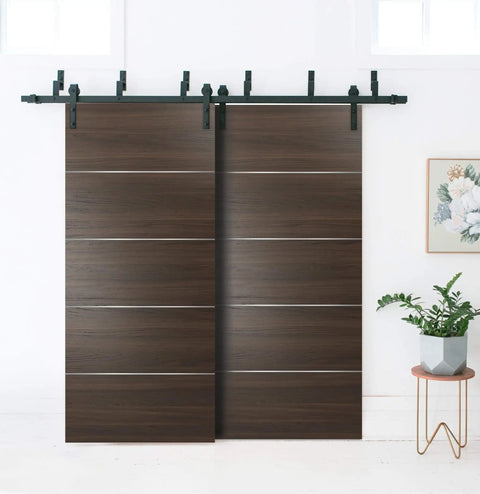 Double Bypass Barn Sliding Doors Set In Chocolate Ash Brown Finish 72 By 96 Inches Includes Six Point Six Foot Rails Heavy Top Mount