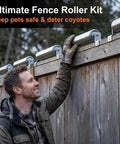 Ultimate Fence Roller Kit installation, showing rollers on wooden fence for pet safety and coyote deterrence.