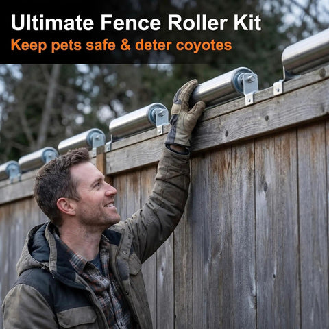 Ultimate Fence Roller Kit installation, showing rollers on wooden fence for pet safety and coyote deterrence.