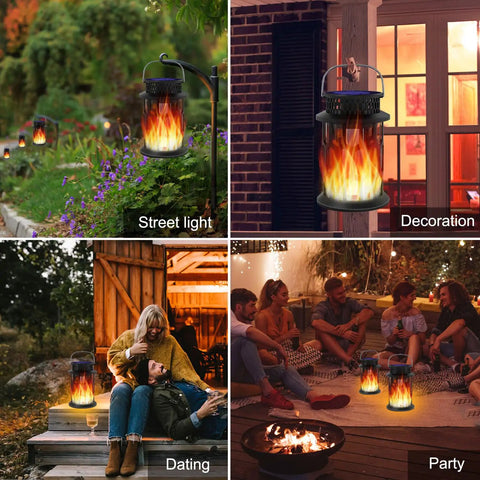 Outdoor Solar Lanterns With Realistic Flickering Flame in garden, porch, and party settings, no wires, IP65 waterproof, LED lights