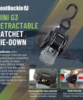 Heavy Duty Retractable Ratchet Straps for Boats 72 Inch 1400 Lbs Break Strength, shown in product advertisement with details.