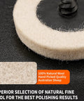 Close-up of Two Inch Quick Change Polishing Discs Set With Premium Wool Buffing Wheels and One Quarter Inch Holders