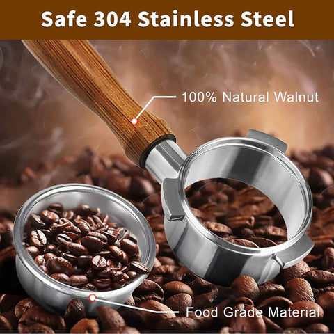 54mm Bottomless Espresso Portafilter with walnut handle beside cup with coffee beans, labeled food grade stainless steel