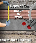 Top Shelf Electric Wall Chaser Ring Saw With 270 Mm Blade measuring depth of cut at 10.62 inches in brick wall.