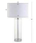 Clear Chrome Modern Glass Table Lamp For Living Room And Bedroom Slick Minimalist Nightstand Bedside Light With White Linen Drum Shade LED Bulb Included ETL Listed For Safe Clean Look, 29-inch height with dimensions labeled.