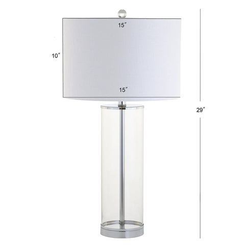 Clear Chrome Modern Glass Table Lamp For Living Room And Bedroom Slick Minimalist Nightstand Bedside Light With White Linen Drum Shade LED Bulb Included ETL Listed For Safe Clean Look, 29-inch height with dimensions labeled.