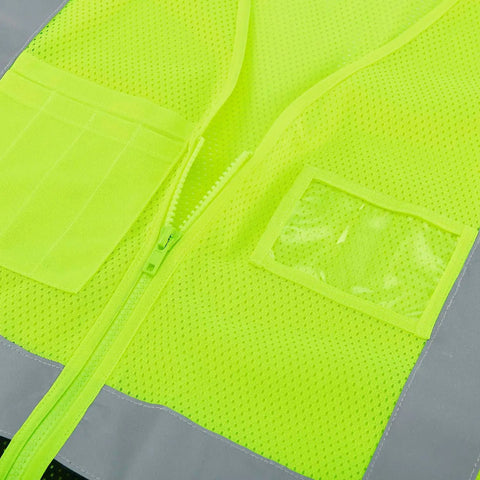 Close-up of breathable lime mesh material and zip front of Stay Dead Visible On The Job With This Class 2 Hi Vis Safety Vest Breathable Lime Black Mesh Work Gear Zip Front Radio Mic Tab Reflective Strips Built Solid For Road Crews Large Xl.