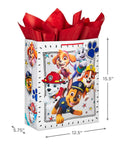 Totally Extra Large Paw Patrol Gift Bag With Tissue Paper For Birthdays And Parties, 15 Inch White Gift Bag With Pups Design