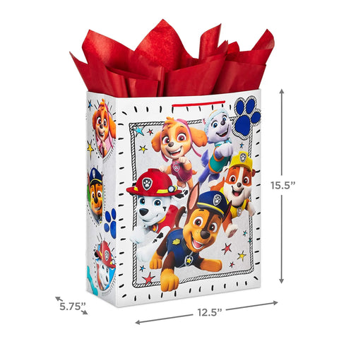 Totally Extra Large Paw Patrol Gift Bag With Tissue Paper For Birthdays And Parties, 15 Inch White Gift Bag With Pups Design