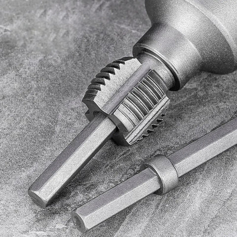 Close-up of 2pc Threader Set For PVC Pipes 1/2 And 3/4 Inch Opener With Electric Drill, highlighting alloy threading tool design.