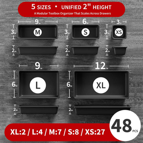 48 Piece Tool Box Organizer Tray Set With 5 Sizes, Drawer Dividers And Non Slip EVA Pads layout on gray background