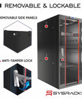 42U Server Rack Cabinet 24 Inch Deep Floor Standing Network Enclosure With Locking Glass Door and removable side panels.