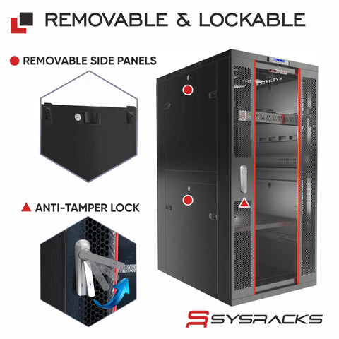 42U Server Rack Cabinet 24 Inch Deep Floor Standing Network Enclosure With Locking Glass Door and removable side panels.