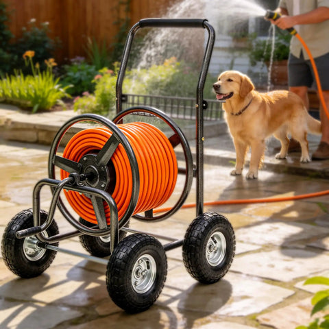 Garden Hose Reel Cart With 250 Ft Capacity, 10 Inch Pneumatic Tires, orange hose, steel frame, on patio with golden retriever