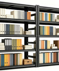 Five Tier Heavy Duty Metal Bookshelf Set, 72 Inch Tall Adjustable Bookcase With Anti Drop Fence, Bolt Free Black Shelves filled with books