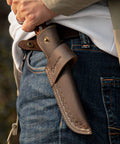 Horizontal Knife Sheath For 5 Inch Blade, Lightweight 0.15lb Belt Holster With Compact Draw, Dark Brown, in use on belt