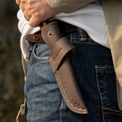 Horizontal Knife Sheath For 5 Inch Blade, Lightweight 0.15lb Belt Holster With Compact Draw, Dark Brown, in use on belt