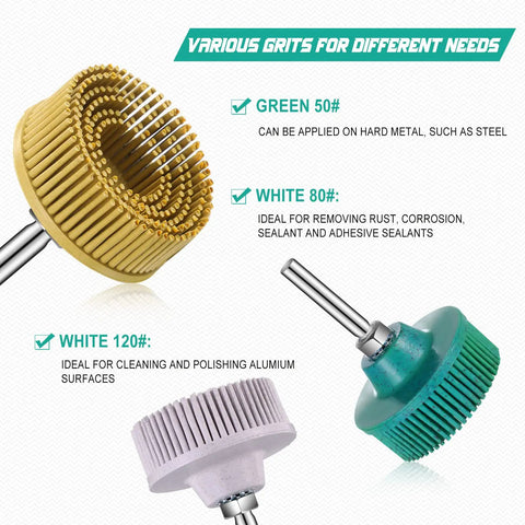 12 Piece 2 Inch Abrasive Bristle Disc Go-To Set For Drill With 50 80 120 Grits, 1/4 Inch Shank Attachment, White Green Yellow Discs
