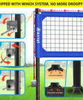 Heavy Duty Volleyball Net Set With Anti Sag System And Aluminum Poles Adjustable Height From Eight Feet To Seven Feet Eight Inches For Backyard Or Beach Play Includes Ball And Carrying Bag, showing tension adjustment and base details