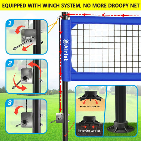 Heavy Duty Volleyball Net Set With Anti Sag System And Aluminum Poles Adjustable Height From Eight Feet To Seven Feet Eight Inches For Backyard Or Beach Play Includes Ball And Carrying Bag, showing tension adjustment and base details