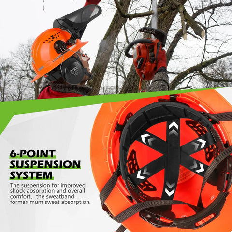 Forestry Chainsaw Helmet With Face Shield Built In Visor And Ear Muffs 4 In 1 System ANSI Z89.1 Safety Hard Hat in use.