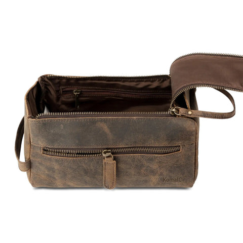 Premium Travel Wash Bag For Men And Women Rock Solid Buffalo Leather Shaving Kit Pouch with external zip pocket.