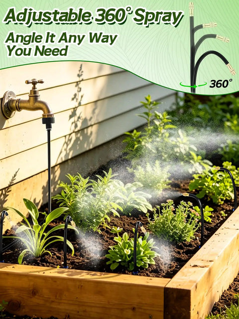 Raised bed with Complete 49 Foot Drip Irrigation Kit with 15 Adjustable 360 Degree Sprayers 5/16 Inch PE Tubing in action