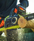 Hella Smooth 18V Brushless Battery Chainsaw With 30Cm Oregon Bar cutting through a log, showcasing its brushless motor and design.