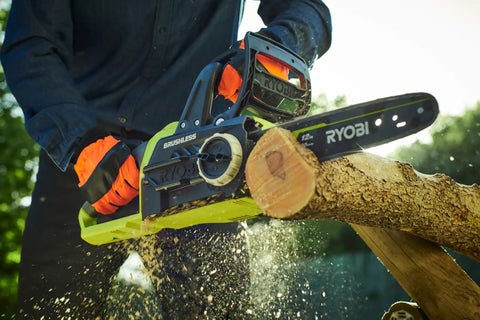 Hella Smooth 18V Brushless Battery Chainsaw With 30Cm Oregon Bar cutting through a log, showcasing its brushless motor and design.
