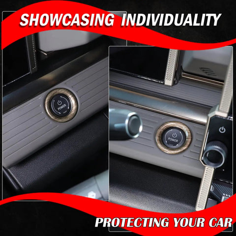 Factory Look Snug Fit Push Start Button Cover For Hummer Electric Pickup 2024 2025 shows ignition switch with realistic wood trim.