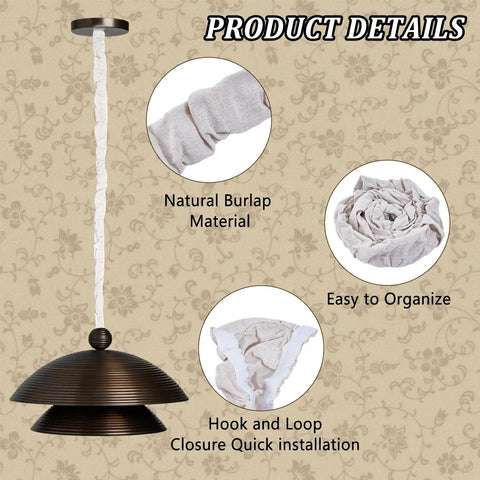 Premium White Fabric Chandelier Cord Covers That Tuck Away Messy Wiring Smoothly, showcasing natural burlap material and hook closure.