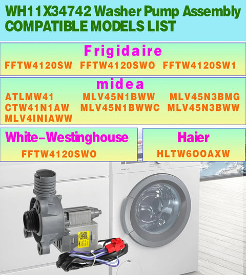 Upgraded Washer Drain Pump Assembly WH11X34742 For Frigidaire FFTW4120SW Washing Machine, grey electric motor pump
