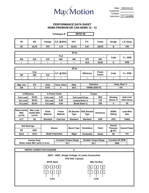 Performance data sheet for Heavy Duty 60HP Three Phase Electric Motor 3600RPM 575V ODP Enclosure Cast Iron.