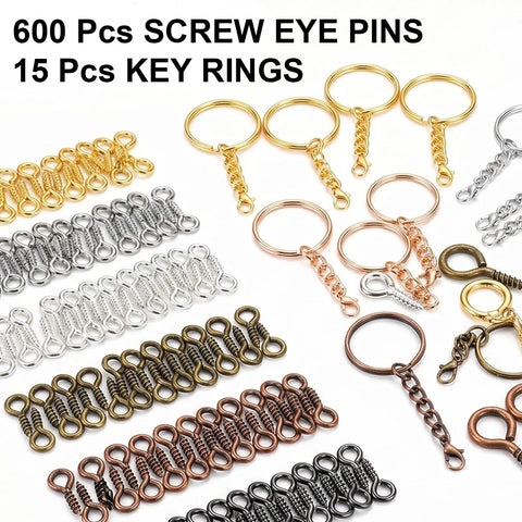 Hella Durable Zinc Alloy Hand Drill Set With Six Hundred Eye Screws Ten Precision Bits And Fifteen Keychain Rings Sweet For Resin Crafting Diy Epoxy Molds And Creative Hobby Vibe Projects Contains 600 screw eye pins and 15 key rings.