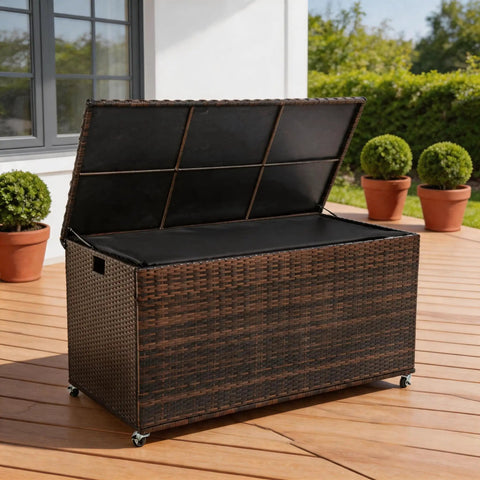 Boss Grade 170 Gallon Outdoor Deck Box Crafted From Durable Wicker Rattan With Smooth Roll Wheels, opened top for storage.